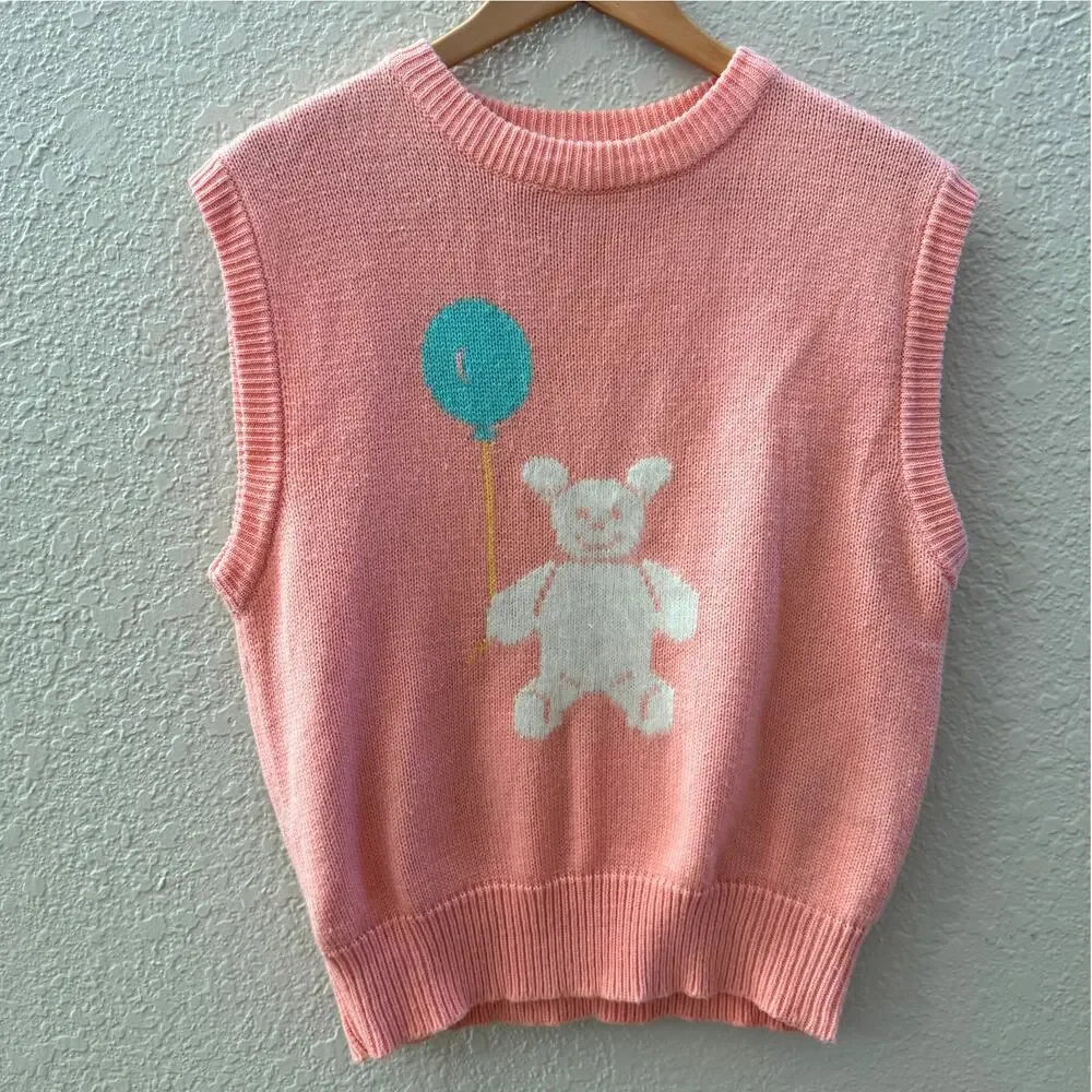 Vintage Coral Pink Teddy Bear Sleeveless Sweater Vest - Picture 2 of 6